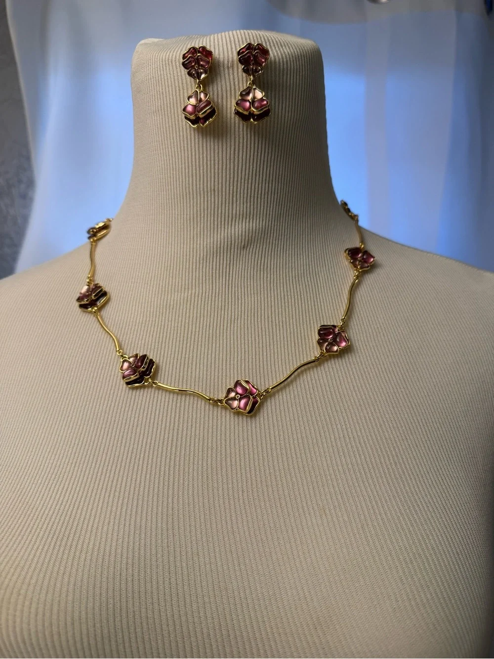 Talbots Gold-Tone Necklace and Earring Set with Pink Enamel Flowers